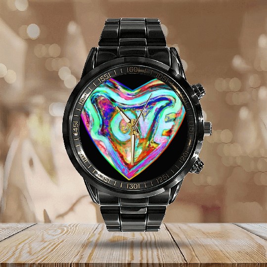 Psychedelic Pride Rainbow Love Heart Calendar Steel Band Watch