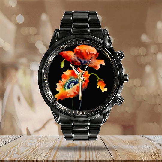 RED POPPIES Calendar Steel Band Watch, WATERCOLOR RED POPPIES TOP