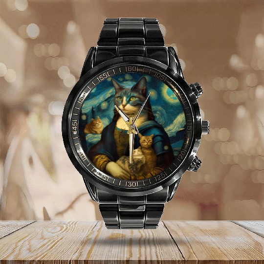 Mona Lisa With Cats Starry Night Van Gogh Painting Calendar Steel Band Watch