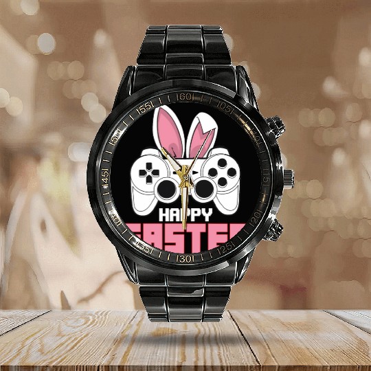 Video Game Bunny Controller Happy Easter Gamer Calendar Steel Band Watch