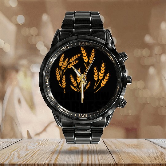 Wheat Farmer Plant Grow Harvest Calendar Steel Band Watch