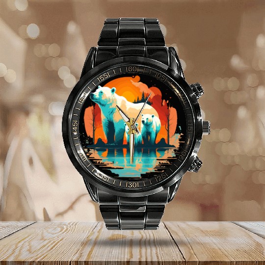 Polar Bear with cubs, Snow Spectrum Calendar Steel Band Watch