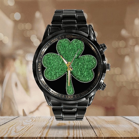 St Patrick'S Day Green Glitter-Clover Shamrock Calendar Steel Band Watch