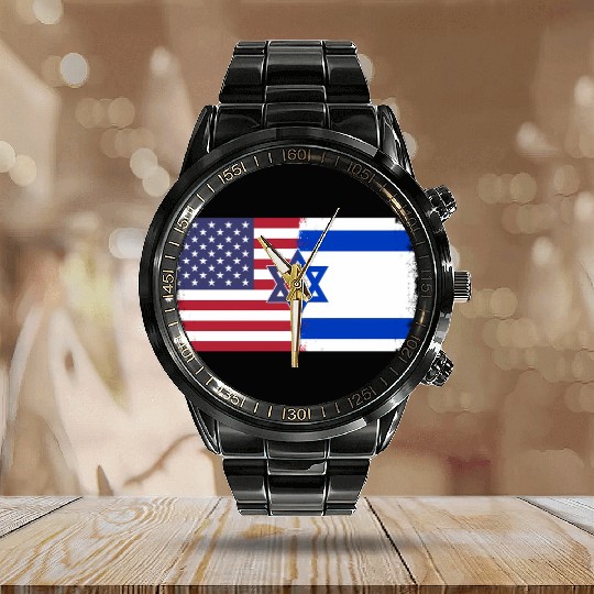 Israel Usa Flag Calendar Steel Band Watch