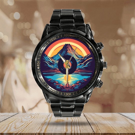 Retro Mountain Landscape: Vinyl Meets Art Calendar Steel Band Watch