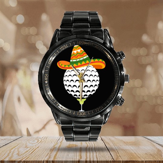 Margarita Golf Ball Mexican Sombrero Calendar Steel Band Watch