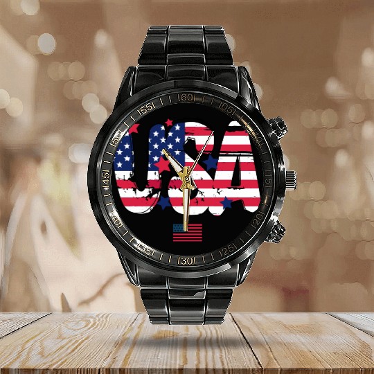 USA Flag Patriotic 4th of July America day of Calendar Steel Band Watch