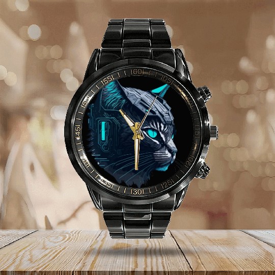 Digital cyberpunk Cat artwork Calendar Steel Band Watch