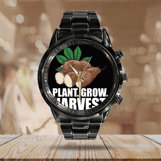Cassava Farmer Plant Grow Harvest W Calendar Steel Band Watch