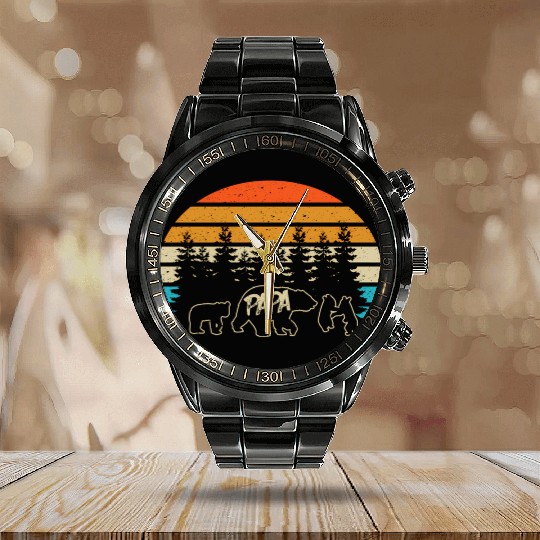Papa Bear With Three Bear Cubs Calendar Steel Band Watch