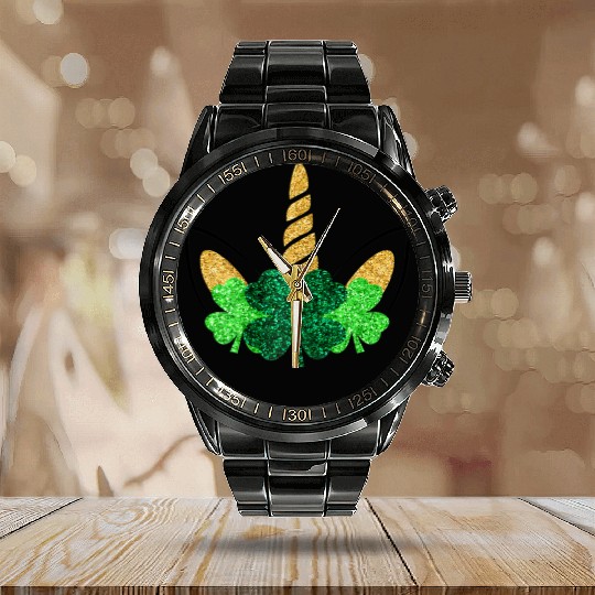 Unicorn Face St Patrick'S Day Unicorn Shamrock Calendar Steel Band Watch