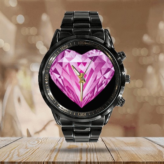 Glossy pink diamond heart Calendar Steel Band Watch