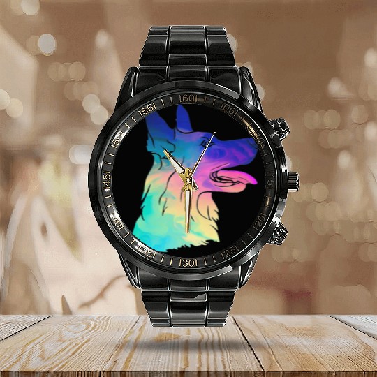 Psychedelic German Shepherd Calendar Steel Band Watch