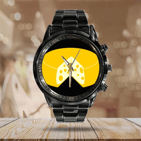 Cheese golden yellow with point cut out front view Calendar Steel Band Watch