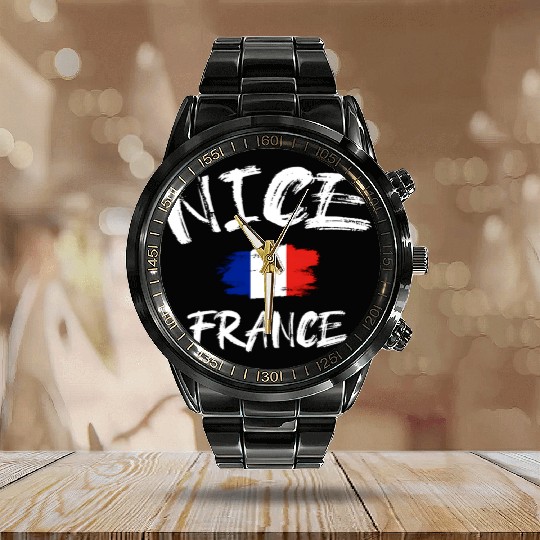 Nice France Souvenir Franã§Ais Country Flag Brushe Calendar Steel Band Watch