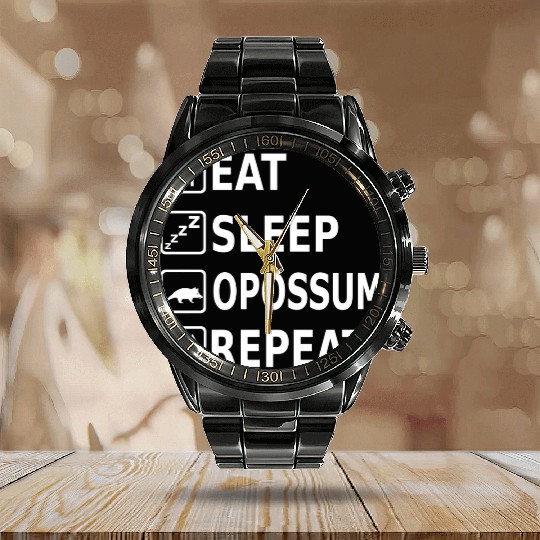 Eat Sleep Opossum Repeat Funny Saying Animal Calendar Steel Band Watch