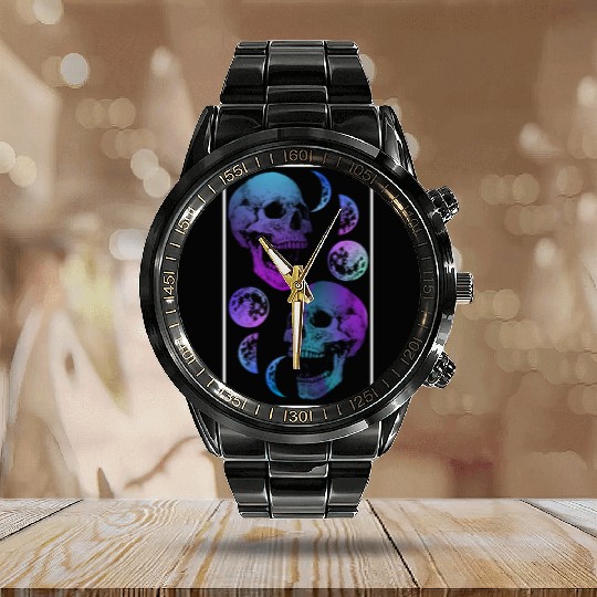 Skeleton Calendar Steel Band Watch, Neon Skull Moon Gothic Skeleton