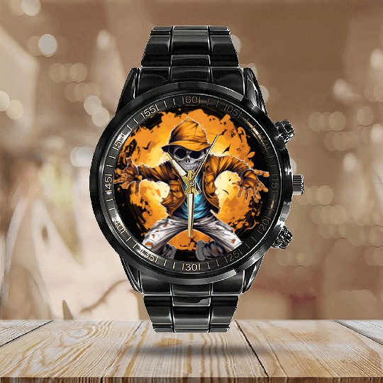Halloween Skeleton Dabbing Hip Hop Calendar Steel Band Watch