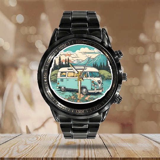 Classic Camper Van Calendar Steel Band Watch
