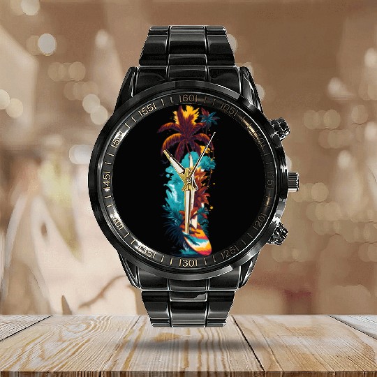 Surfing Board ,waves and Coconut Tree Calendar Steel Band Watch