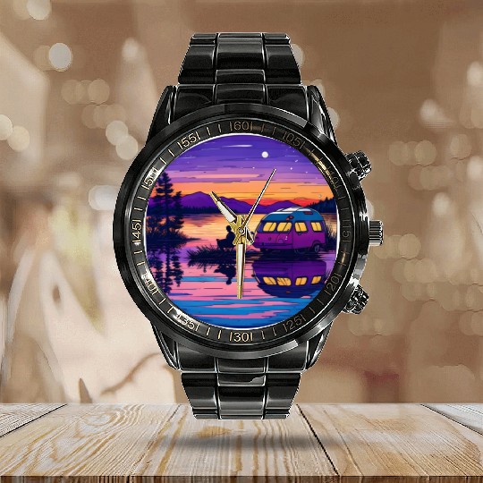 A Camper Enjoying A Peaceful Lakeside Calendar Steel Band Watch