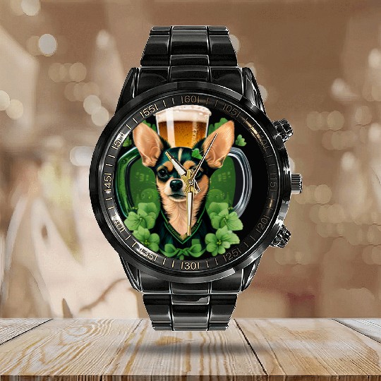 Chihuahua | St. Saint Patricks Day Beer Shamrock Calendar Steel Band Watch