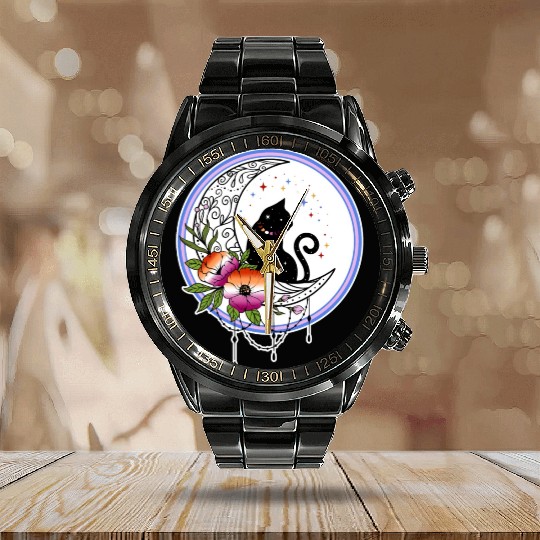 Galaxy Cat and Flowers in Lesbian Flag Colors Calendar Steel Band Watch