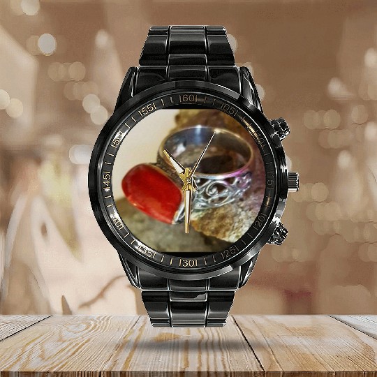 Red Coral sterling silver ring for women Calendar Steel Band Watch