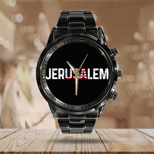 Jerusalem Usa America Flag Israel Calendar Steel Band Watch