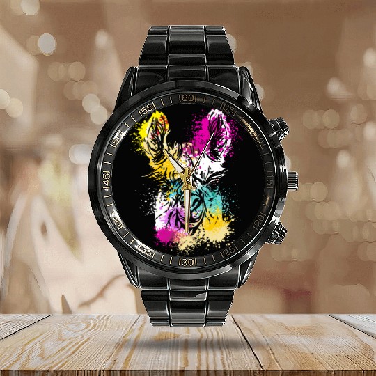 Colorful Splash Art Farm animals alpaca Llama head Calendar Steel Band Watch