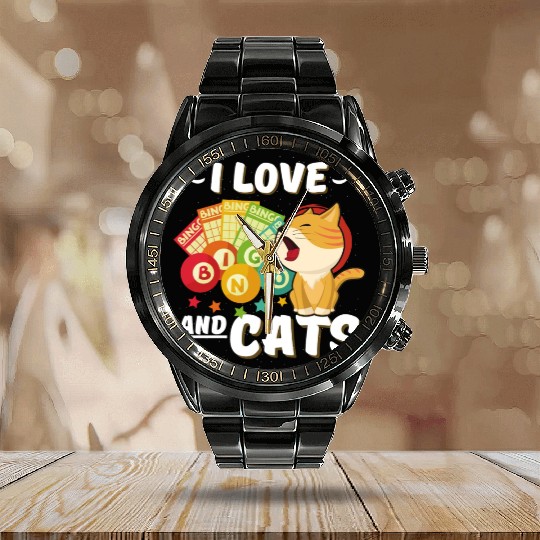 Gambling Cat Lover I Love Bingo And Cats Bingo Calendar Steel Band Watch