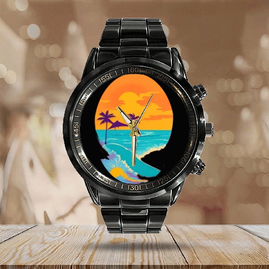 Golden Horizon: Serene Sunset & Surfing Paradise Calendar Steel Band Watch