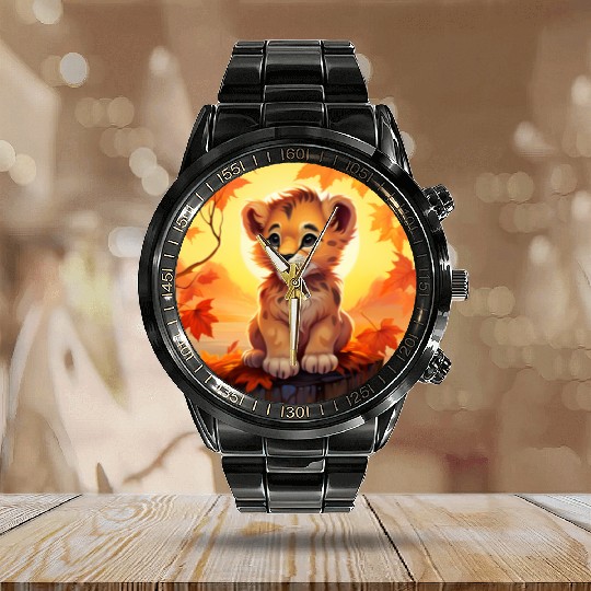 Lion Cub in Autumn Leaves - Romantic Sunset Design Calendar Steel Band Watch