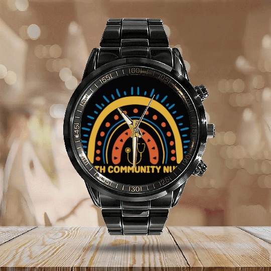 Faith Community Nurse Boho Rainbow Calendar Steel Band Watch