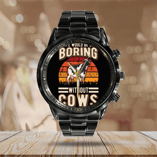 Cow Cattle Breeder Land, Farmer Cows Calendar Steel Band Watch
