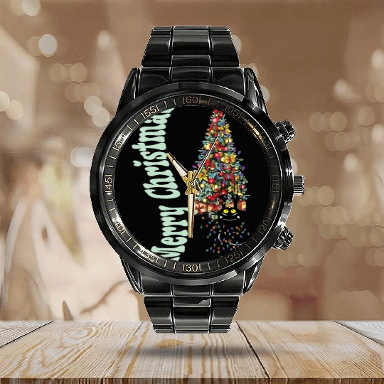 Cat Tangled In the Christmas Tree Lights Calendar Steel Band Watch