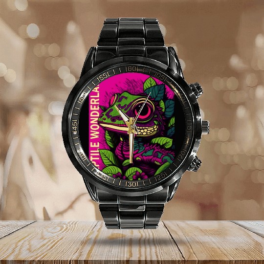 Psychedelic Reptile Wonderland Retro Designs 9 Calendar Steel Band Watch