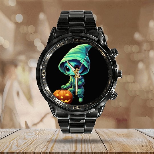 Halloween Alien with Pumpkin - Green Calendar Steel Band Watch