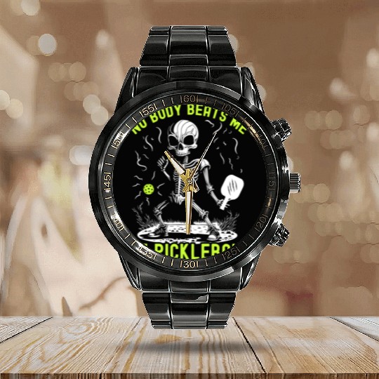 No Body Beats Me At Pickleball Halloween Skeleton Calendar Steel Band Watch