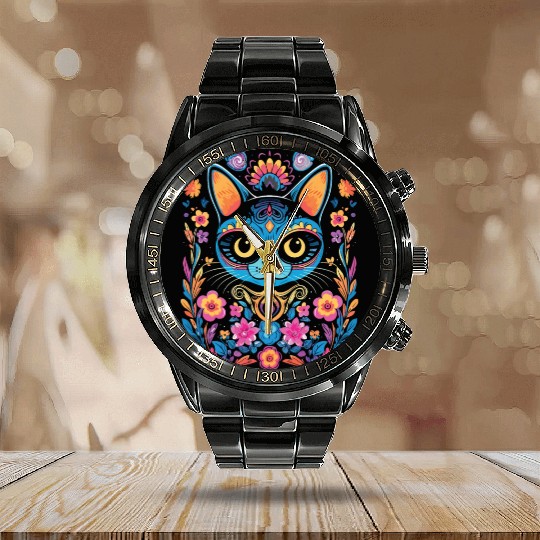 Dia De Los Muertos Sugar Skull Mexican Holiday Calendar Steel Band Watch