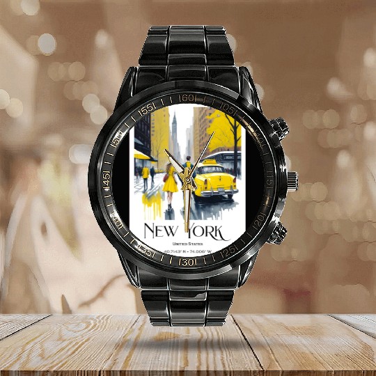 Watercolor painting loving couple in New York City Calendar Steel Band Watch