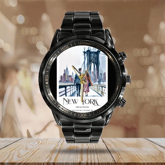 Watercolor painting loving couple in New York City Calendar Steel Band Watch