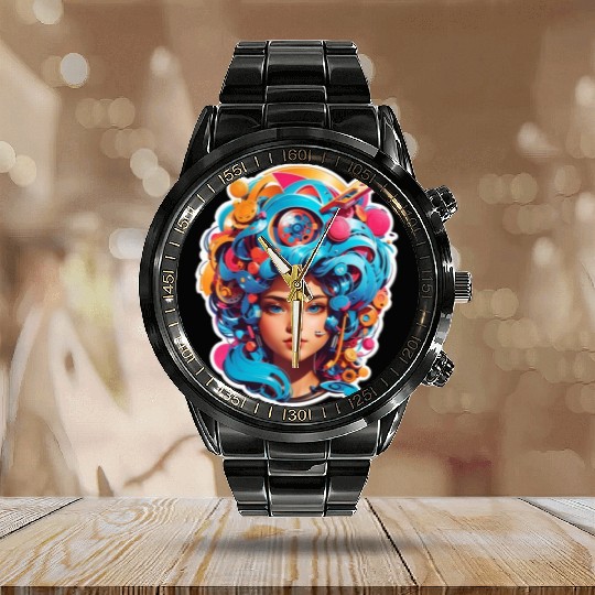 Psychedelic girl with multi color hair. futuristic Calendar Steel Band Watch