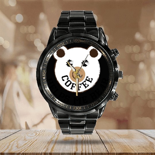 Coffee Helps Me Bear Calendar Steel Band Watch