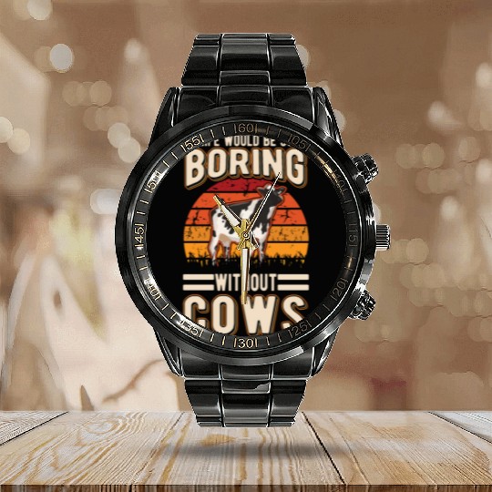 Cow Cattle Breeder Land, Farmer Cows Calendar Steel Band Watch