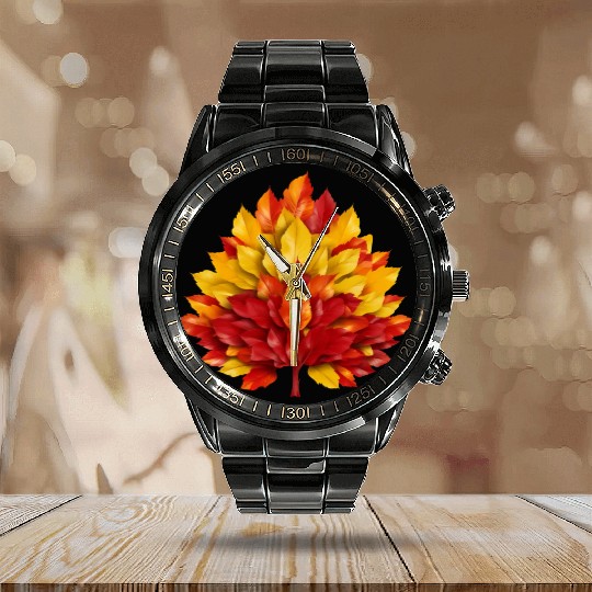 Autumn in Spain: Yellow-Red Leaves Reflecting the Calendar Steel Band Watch