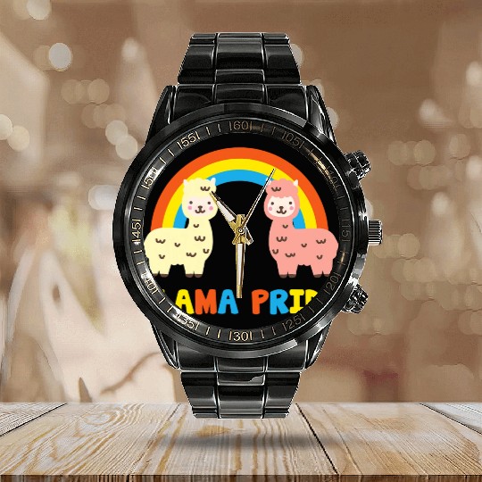 Llama Pride Alpaca Gay Fun Sweet Rainbow Calendar Steel Band Watch