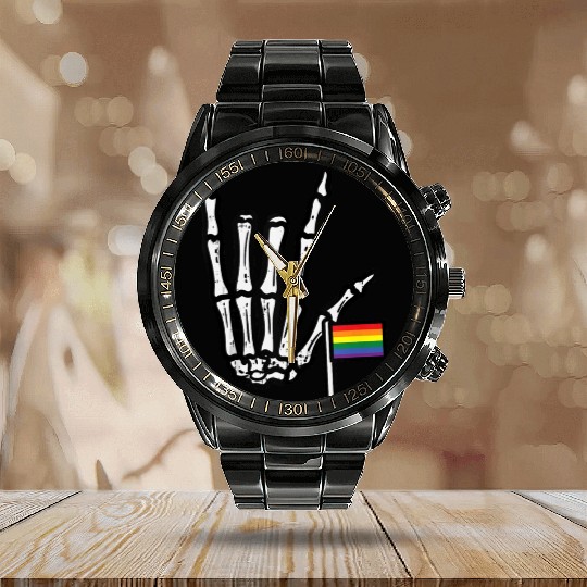 Gay Flag I Love You Hand Skeleton Rainbow Pride Calendar Steel Band Watch