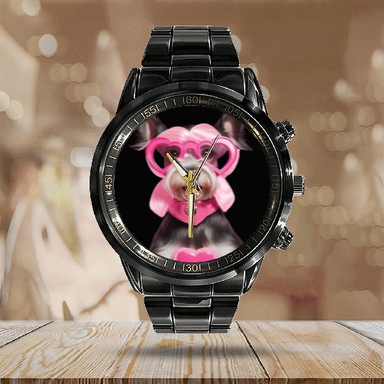 Schnauzer wearing Pink & Silver Heart Calendar Steel Band Watch