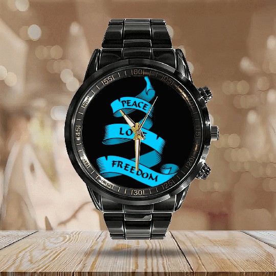 Peace love freedom blue Calendar Steel Band Watch